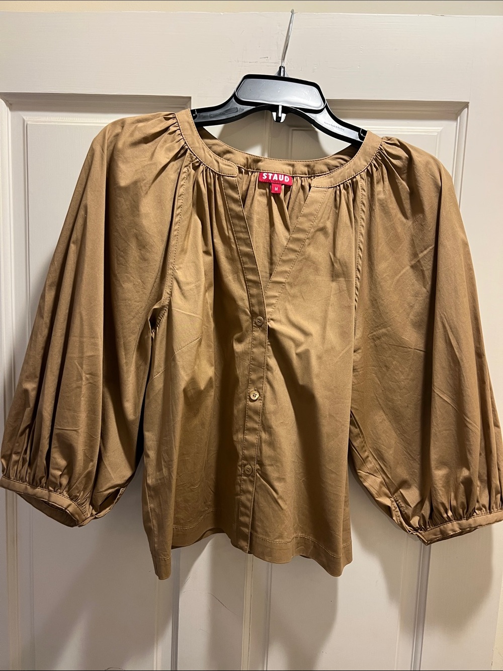 STAUD Camel Puff-Sleeve Button Front Blouse